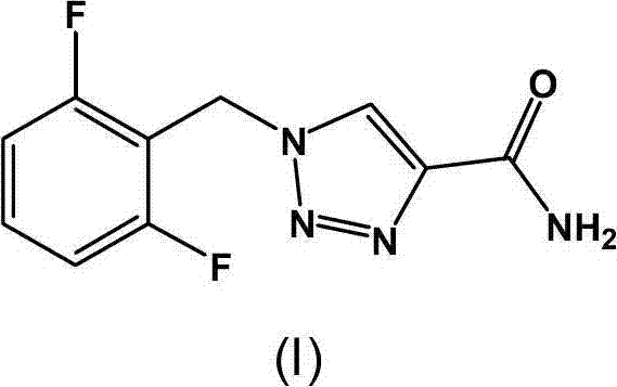 Chemical structure of Rufinamide (Formula I) showing the 1,2,3-triazole core and difluorobenzyl moiety