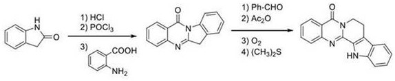 Traditional multi-step synthetic route for Rutaecarpine showing low yields and complex reagents