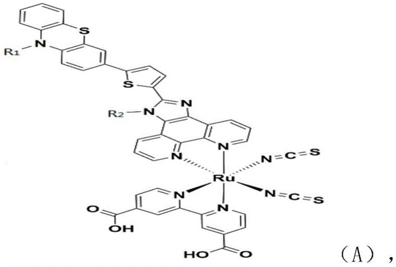 General chemical structure of the high-efficiency ruthenium bipyridine dye sensitizer Formula A showing phenothiazine donor and bipyridine acceptor