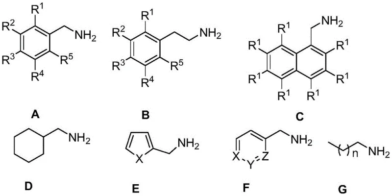 General structures of primary amine substrates A-G suitable for dehydrogenation