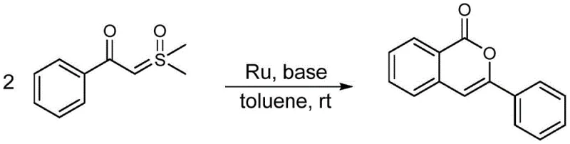Representative reaction scheme showing the ruthenium-catalyzed conversion of 2-oxosulfurylidenethanone to isocoumarin at room temperature