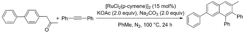 Reaction scheme showing the synthesis of 3-methyl-1,2,7-triphenylnaphthalene from aromatic ketone and tolane