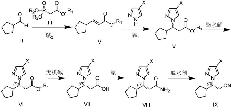 Complete synthetic route from cyclopentanecarbaldehyde to final nitrile intermediate via enzymatic resolution