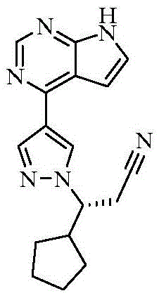 Chemical structure of Ruxolitinib showing the core pyrrolopyrimidine and pyrazole moieties