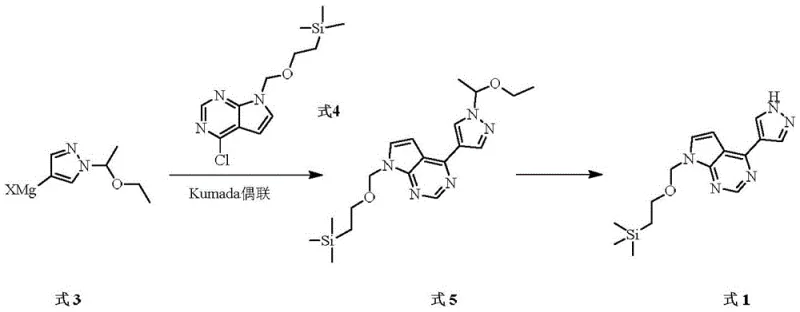 General reaction scheme showing Kumada coupling of Formula 3 and 4 to yield Formula 5 and subsequent deprotection to Formula 1