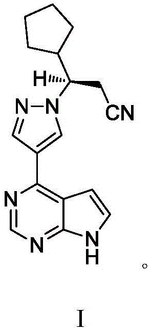 Chemical structure of Ruxolitinib (Formula I) showing the chiral center and pyrrolopyrimidine core