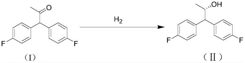 Core reaction scheme showing asymmetric hydrogenation of ketone (I) to chiral alcohol (II)