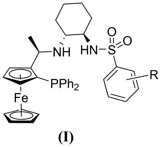 General structure of the chiral ferrocene tridentate ligand L* showing the ferrocene backbone, phosphine group, and sulfonamide moiety