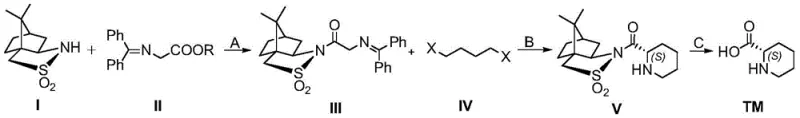 General reaction scheme showing the three-step synthesis from L-camphorsulfonamide to (S)-2-piperidinecarboxylic acid