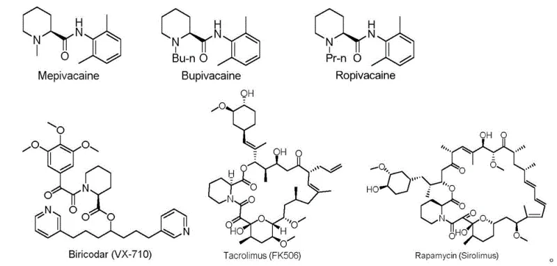 Representative pharmaceutical drugs containing the (S)-2-piperidinecarboxylic acid moiety including immunosuppressants and anesthetics