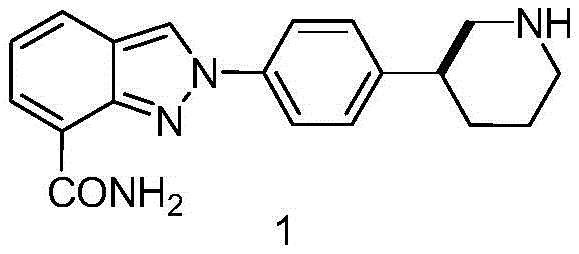 Chemical structure of Niraparib, the target drug utilizing the S-3-(4-aminophenyl)piperidine intermediate