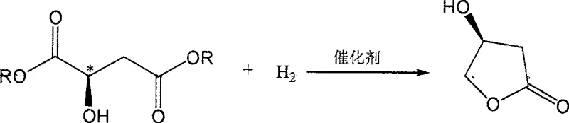 Chemical reaction scheme showing the catalytic hydrogenation of L-malic acid diester to (S)-3-hydroxy-gamma-butyrolactone using RhLn/M-SiO2 catalyst