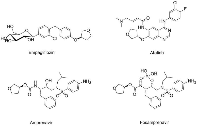 Chemical structures of downstream pharmaceutical applications including Empagliflozin, Afatinib, Amprenavir, and Fosamprenavir