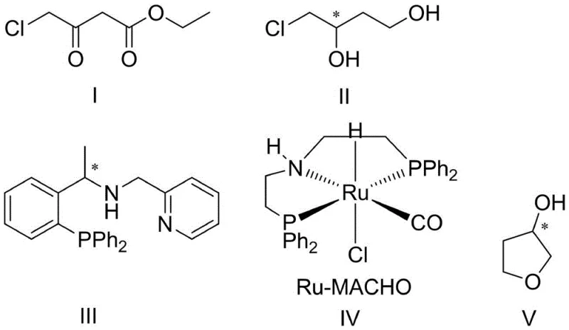 Reaction scheme showing the conversion of ethyl 4-chloroacetoacetate to (S)-3-hydroxytetrahydrofuran via dual-catalyst asymmetric hydrogenation