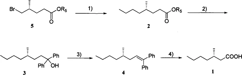 General synthetic route showing the conversion of compound 5 to target acid 1 via intermediates 2, 3, and 4