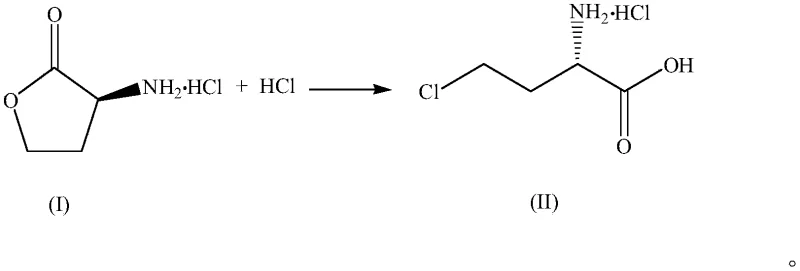 Reaction scheme showing the ring-opening chlorination of L-homoserine lactone hydrochloride to (S)-4-chloro-2-aminobutyric acid hydrochloride using HCl