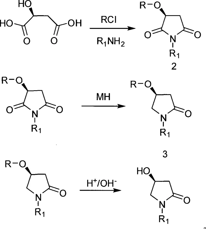 Overall reaction scheme showing the conversion of L-Malic Acid to S-4-hydroxypyrrolidone derivatives via protection, cyclization, and reduction steps