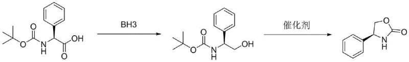 Reaction scheme showing the reduction of N-Boc-L-phenylglycine to N-Boc-L-phenylglycinol followed by base-catalyzed cyclization to (S)-4-phenyl-2-oxazolidinone