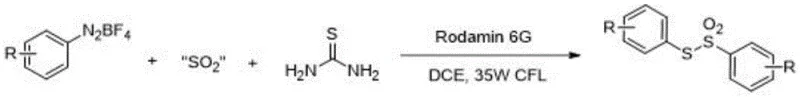 General reaction scheme for the synthesis of S-aryl thiosulfones using aryl diazonium salts, thiourea, and SO2 substitutes under visible light catalysis
