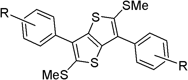 Chemical structure of the 2,5-dimethylthio-3,6-diarylthieno[3,2-b]thiophene intermediate (Formula IV) prepared via Suzuki coupling
