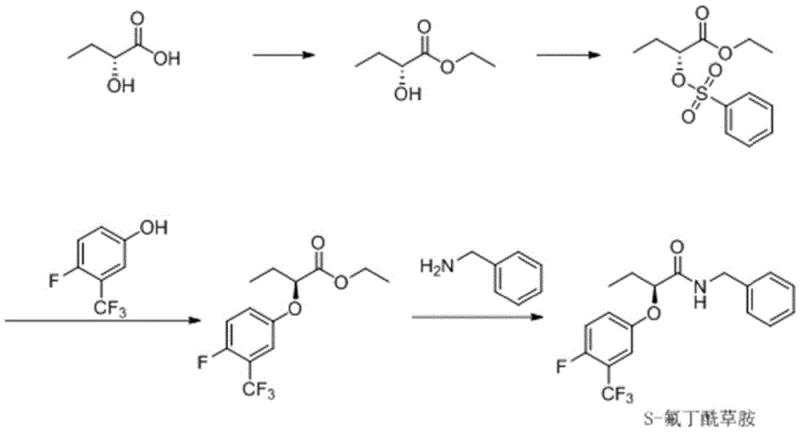 Complete synthetic route for S-fluorobutyramid starting from (R)-2-hydroxybutyric acid