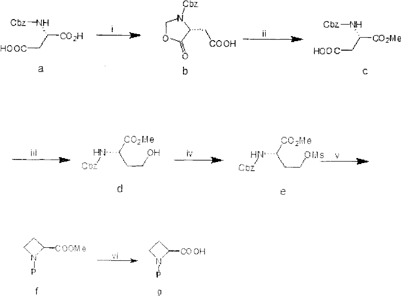 Reaction scheme showing the conversion of N-Cbz-L-aspartic acid to S-N-protected azetidine-2-carboxylic acid via oxazolidinone intermediate
