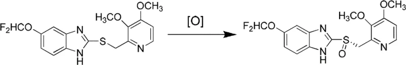 Reaction scheme showing the asymmetric oxidation of pantoprazole thioether to (S)-pantoprazole using a chiral titanium catalyst