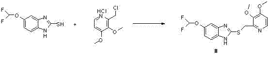 Condensation reaction forming the sulfide intermediate II from benzimidazole and pyridine derivatives