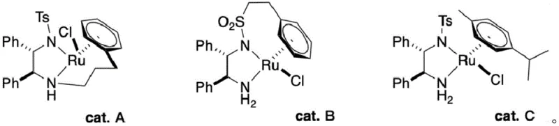 Structures of chiral Ruthenium catalysts Cat A, Cat B, and Cat C used for stereospecific reduction
