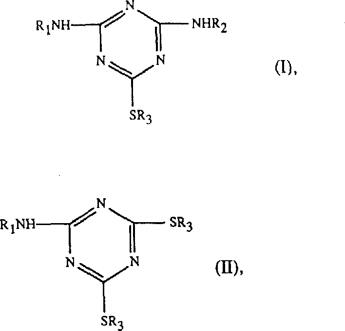 General chemical structures of 2,4-di(alkylamino)-6-alkylthio-s-triazines (Formula I and II) synthesized via the improved process