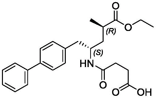 Chemical structure of Sacubitril showing the biphenyl and amino acid components