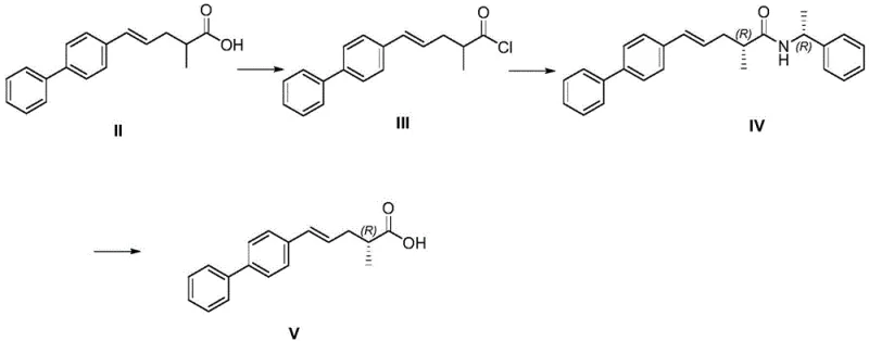 Synthesis of chiral precursor Compound V via acid chloride formation and amide condensation with R-phenylethylamine