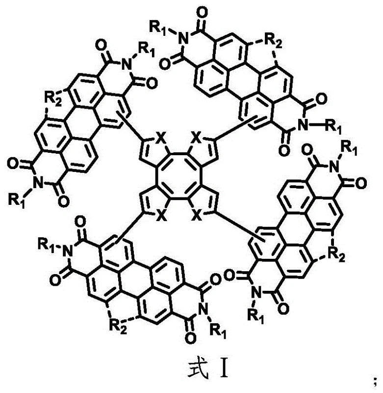 General chemical structure of the saddle-type perylene imide tetramer Formula I showing the cyclooctatetraene core and four perylene imide units