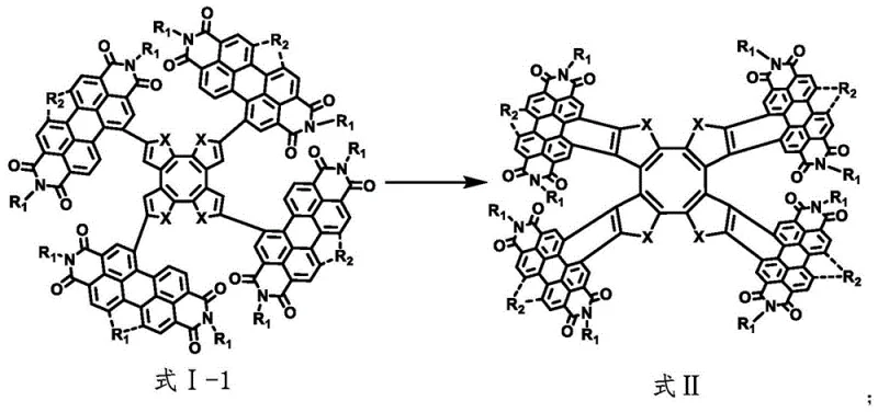 Photochemical oxidation reaction converting the open-chain tetramer Formula I-1 to the ring-closed saddle structure Formula II