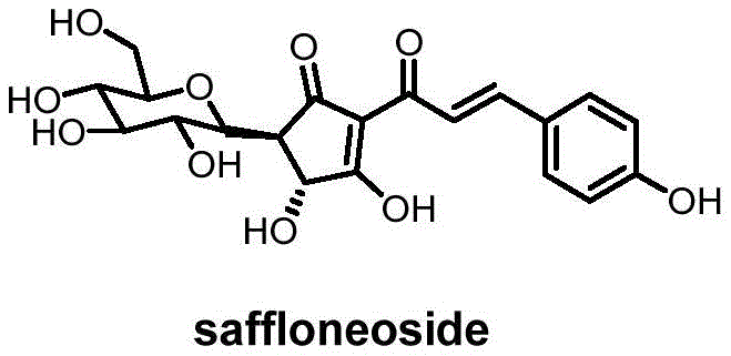 Chemical structure of saffloneoside showing the quinone chalcone C-glycoside framework