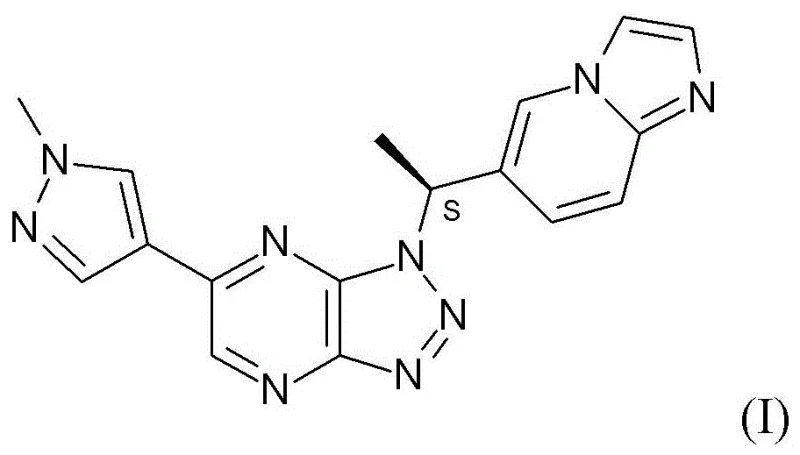 Chemical structure of Safraninib (Formula I) showing the triazolo[4,5-b]pyrazine core linked to imidazopyridine and methylpyrazole groups