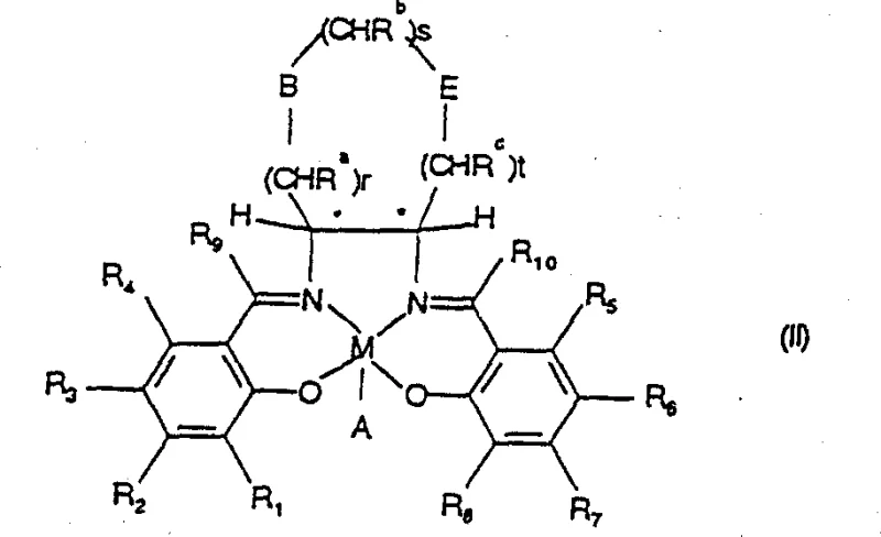 General structure of Formula II Salen catalyst showing the transition metal center and variable backbone chains