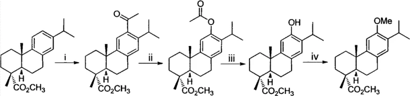 Prior art synthetic route by Matsumoto using methyl dehydroabietic acid showing lengthy 15-step sequence