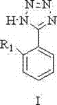 General chemical structure of 2-(1-hydro-4-tetrazole)-4'-methylbiphenyl derivatives showing variable R1 and R2 groups