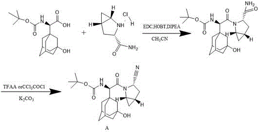 Prior art synthesis route showing EDC/HOBT coupling and TFAA dehydration steps