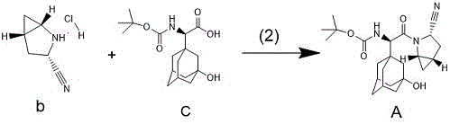 Coupling reaction mechanism forming Intermediate A from nitrile b and acid c