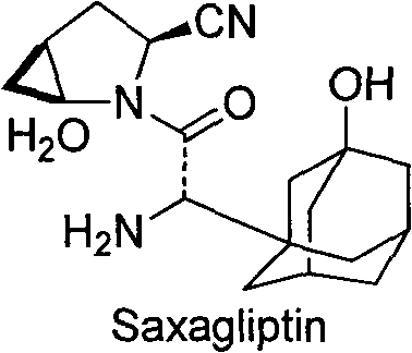 Chemical structure of Saxagliptin showing the adamantane core and pyrrolidine nitrile moiety