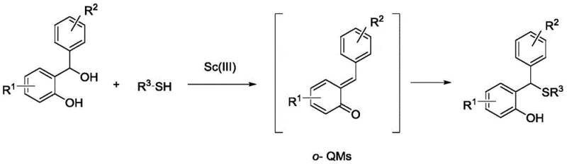 General reaction scheme showing Scandium(III) catalyzed nucleophilic addition of thiols to o-methylene benzoquinones