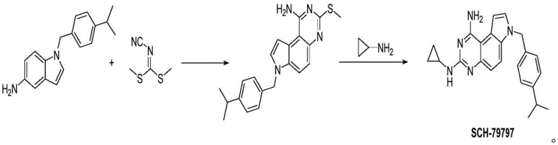 Complete two-step synthetic route for SCH-79797 showing the conversion of aminoindole to Intermediate I and final product