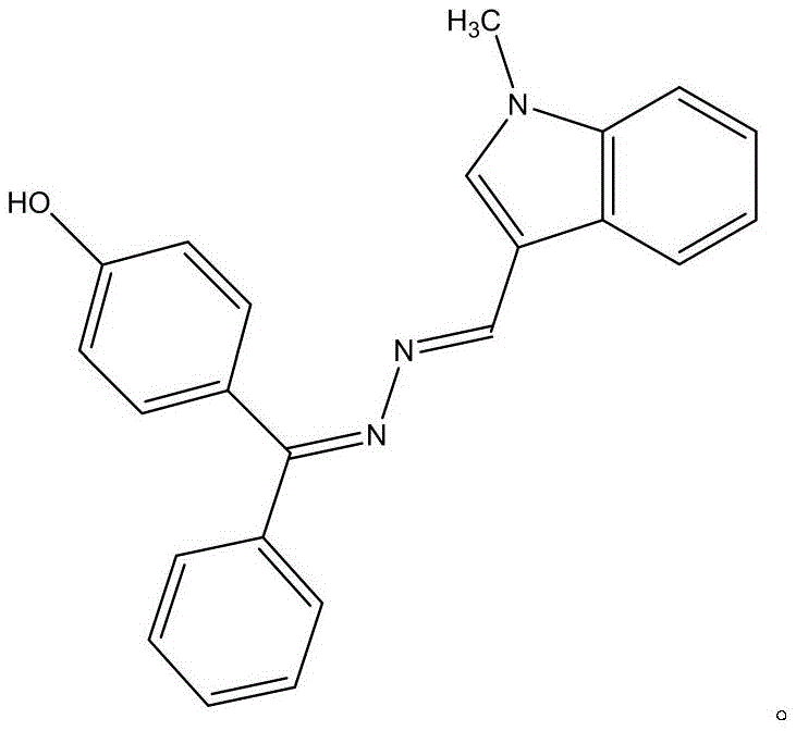 Chemical structure of 4-hydroxybenzophenone hydrazone-1-methyl-3 indolecarboxaldehyde Schiff base showing the conjugated system