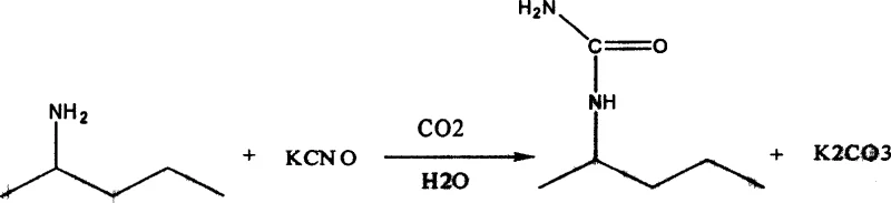 Reaction scheme showing sec-butylamine and potassium cyanate reacting with CO2 and water to form sec-butyl urea and potassium carbonate