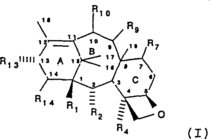 General structure of novel taxane derivatives with variable substituents at C(7) and C(10)