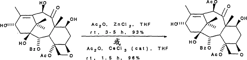 Reaction scheme showing selective acetylation of 10-DAB to Baccatin III using ZnCl2 catalyst