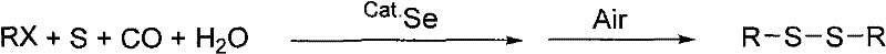 General reaction scheme showing RX reacting with S, CO, and H2O catalyzed by Se to form R-S-S-R disulfide
