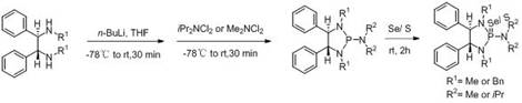 General synthesis route for 1,2-diphenylamines compound showing lithiation, phosphitylation, and oxidation steps